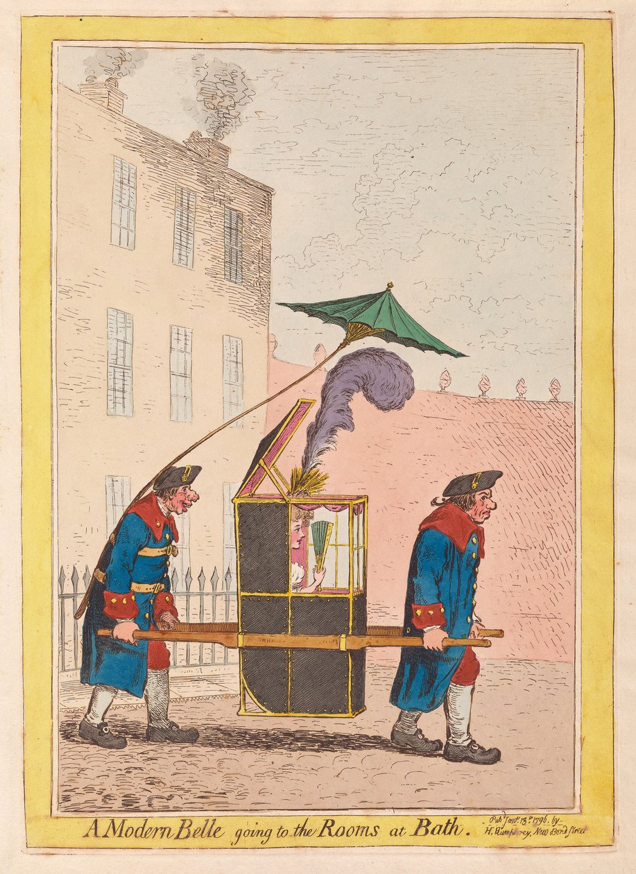 Moderni Belle menee Rooms at Bath, pub. 1796 (käsinvärinen kaiverrus) tekijältä James Gillray