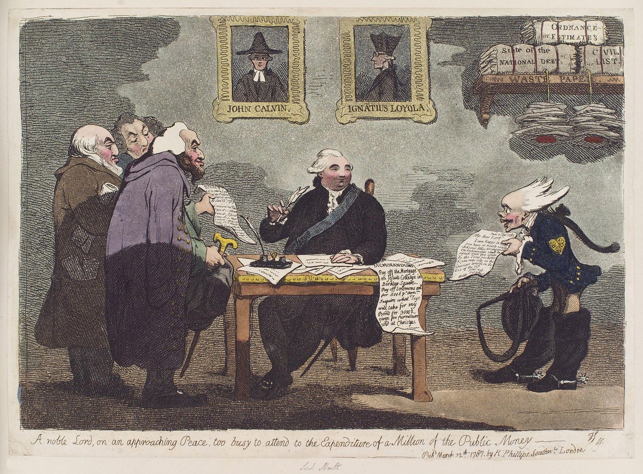 Aatelinen lordi, lähestyvästä rauhasta, liian kiireinen huolehtiakseen miljoonan julkisen rahan käytöstä James Gillray tekijältä James Gillray
