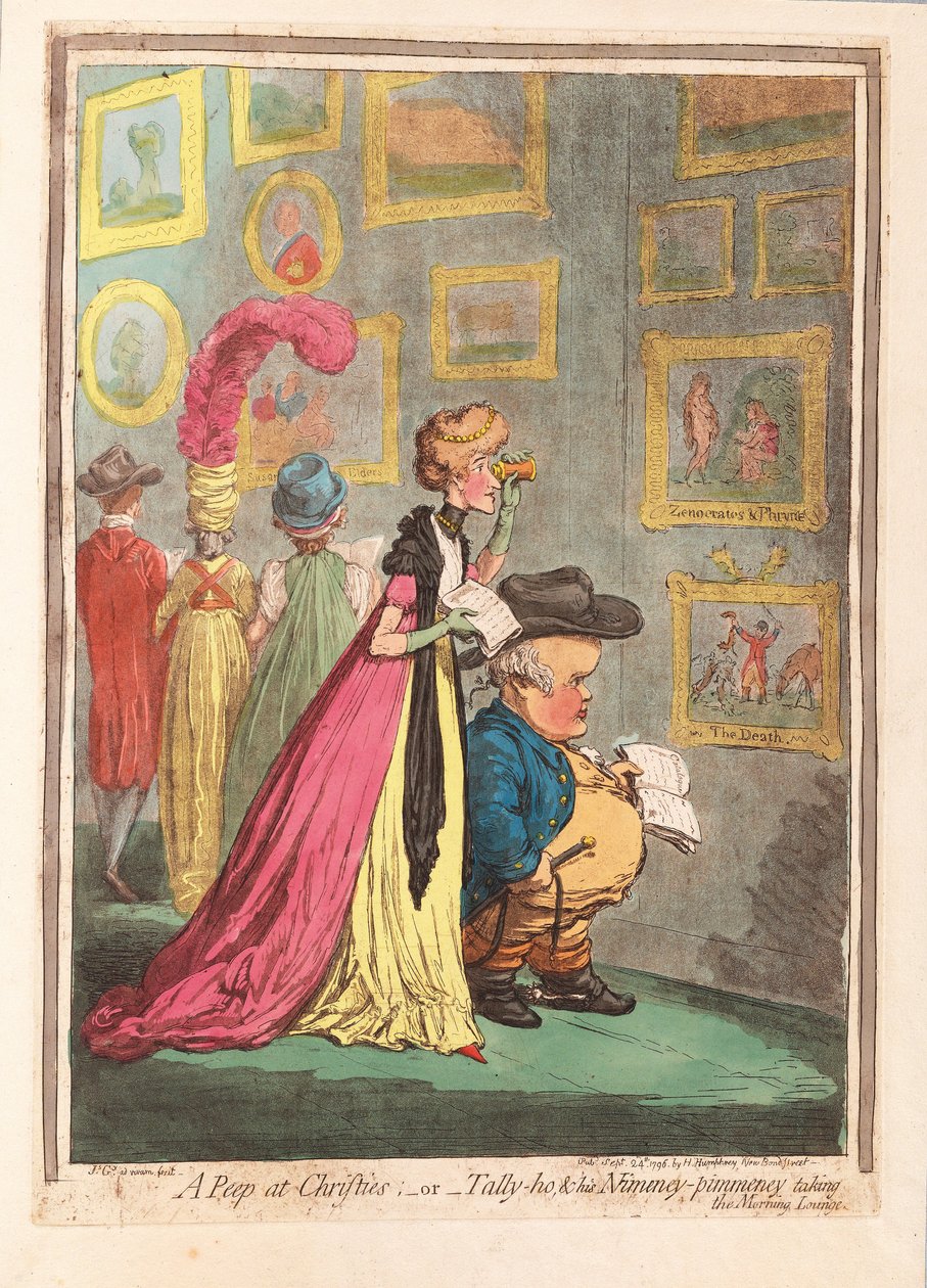 Silmäys Christiesiin; - tai - tally-ho, ja hänen Nimeny-pimmeneynsä käyvät aamuloungessa, pubissa. 1796 (käsinvärinen kaiverrus) tekijältä James Gillray
