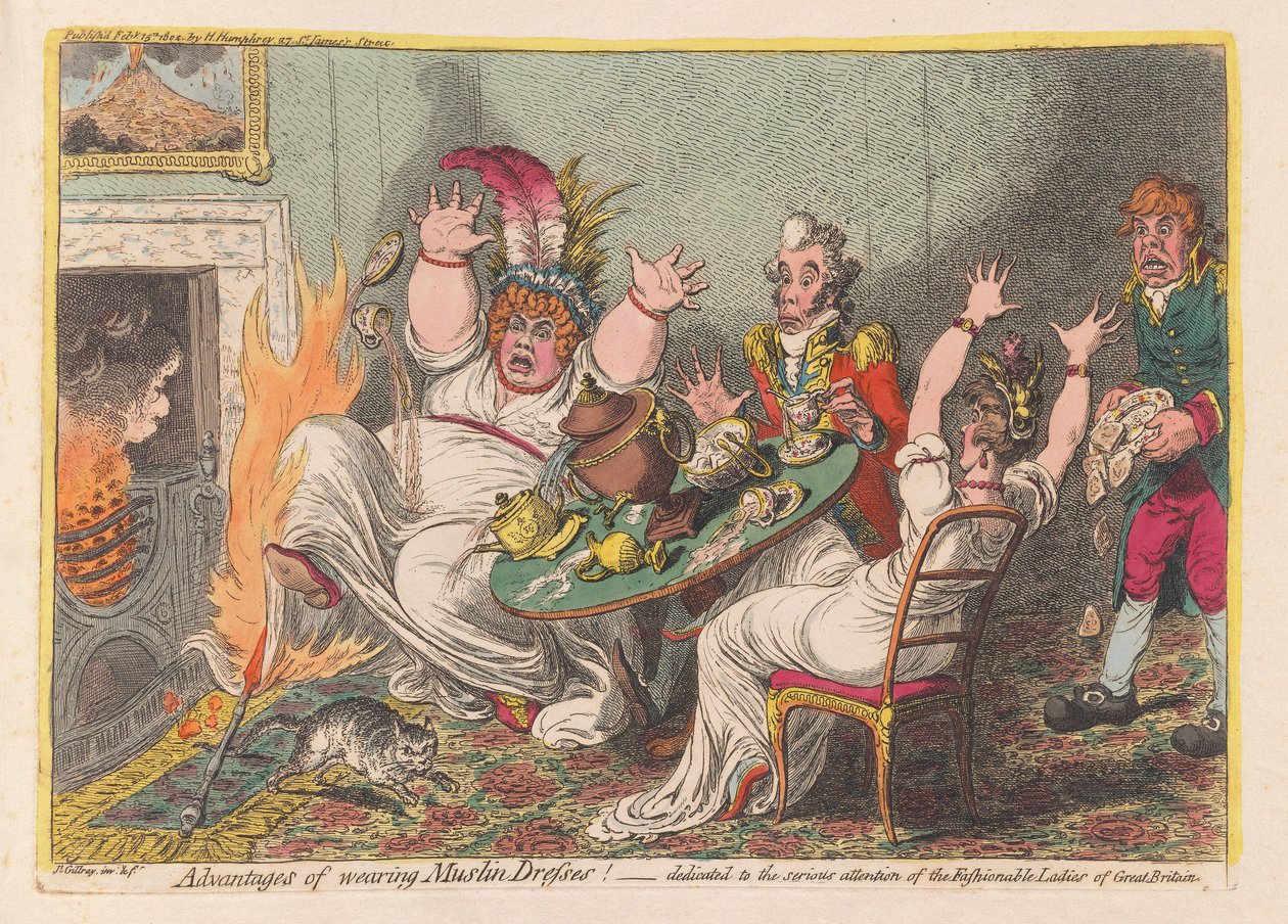Musliinimekkojen käytön edut!, pub. 1802 (käsinvärinen kaiverrus) tekijältä James Gillray