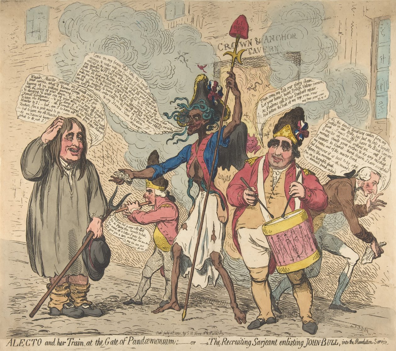 Alecto ja hänen junansa, Pandaemoniumin portilla: - tai - värväys Sarjeant Enli..., 4. heinäkuuta 1791. tekijältä James Gillray