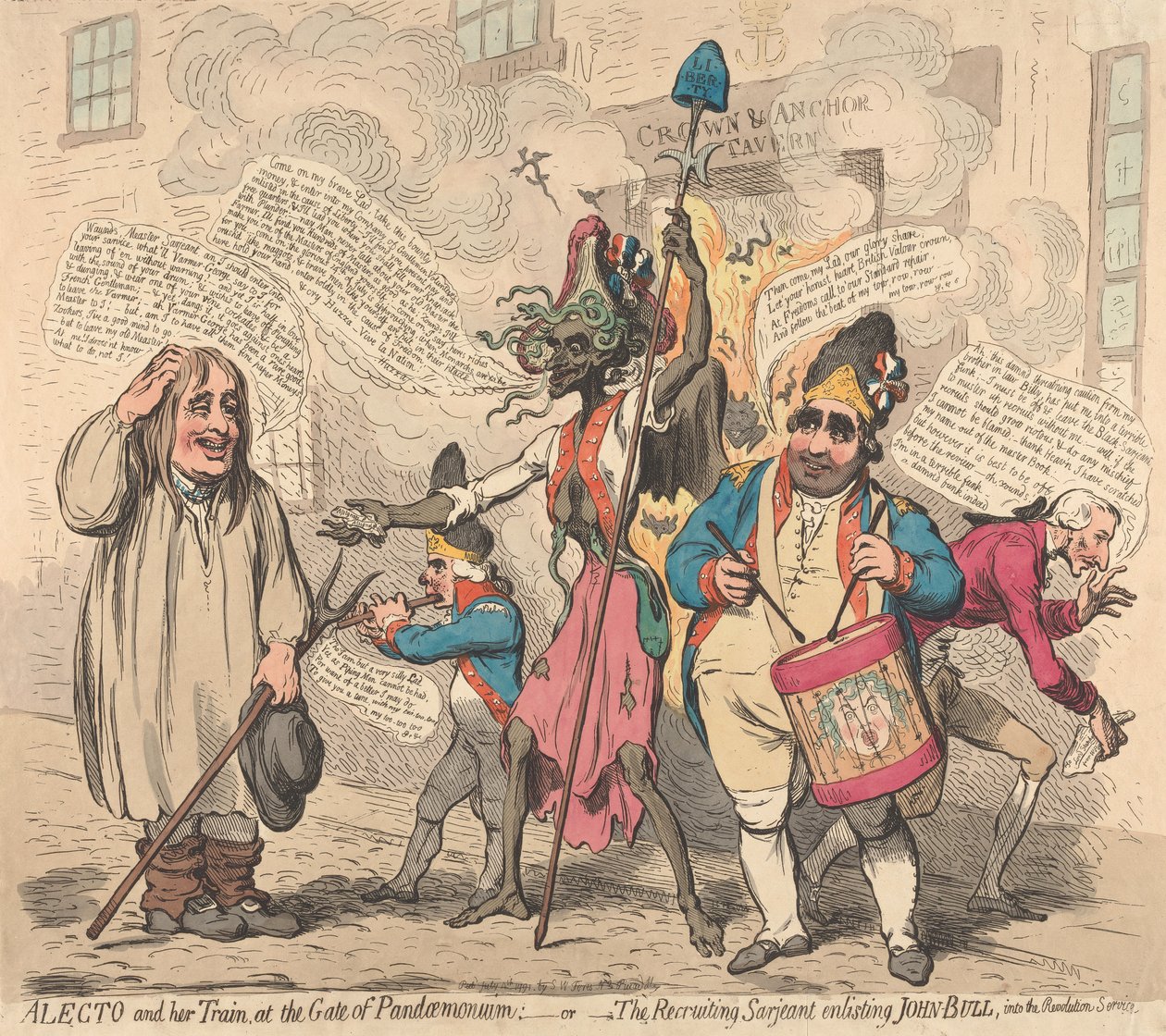 Alekto seurueineen Pandemoniumin portilla; eli: Värväyskersantti värvää John Bullin vallankumouksen palvelukseen tekijältä James Gillray