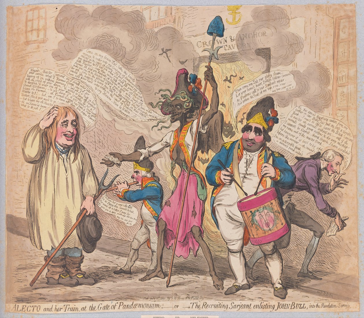 Alecto ja hänen junansa Pandaemoniumin portilla tai The Recruiting Sarjeant värväämässä John Bullin Revolution Servicen pubiin. (käsinvärinen kaiverrus) tekijältä James Gillray