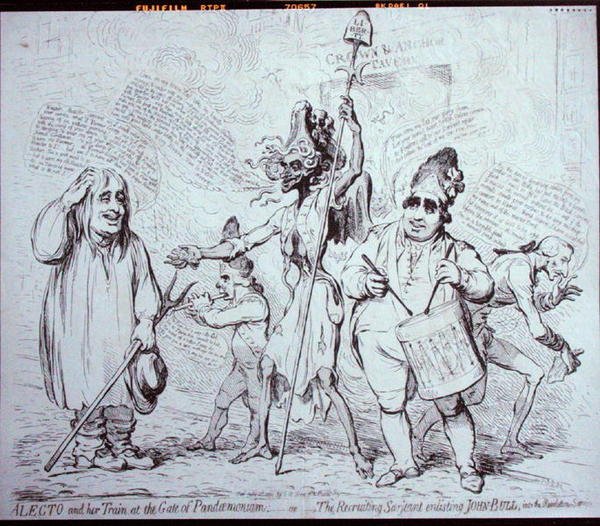 Alecto ja hänen junansa Pandemoniumin portilla, eli The Recruiting Serjeant, joka värvää John Bullin Revolution Service -palvelukseen, julkaisija S.W. Fores vuonna 1791 (etsaus) tekijältä James Gillray