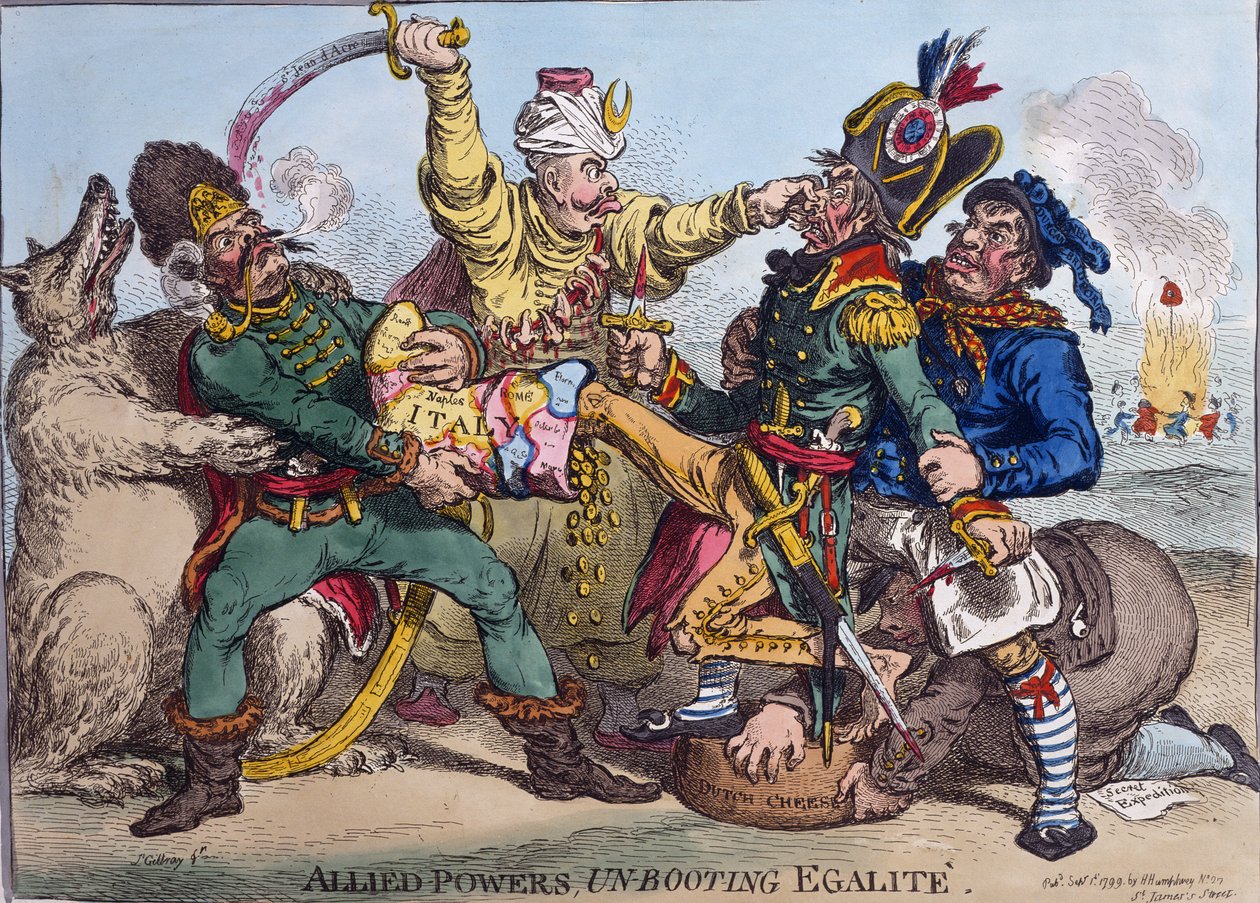 Liittoutuneet vallat purkavat Egalitea, Hannah Humphreyn julkaisema 1799 (käsinväritetty etsaus). tekijältä James Gillray
