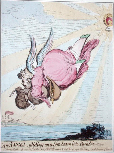 Enkeli liukumassa auringon säteellä paratiisiin (käsinvärinen etsaus) tekijältä James Gillray