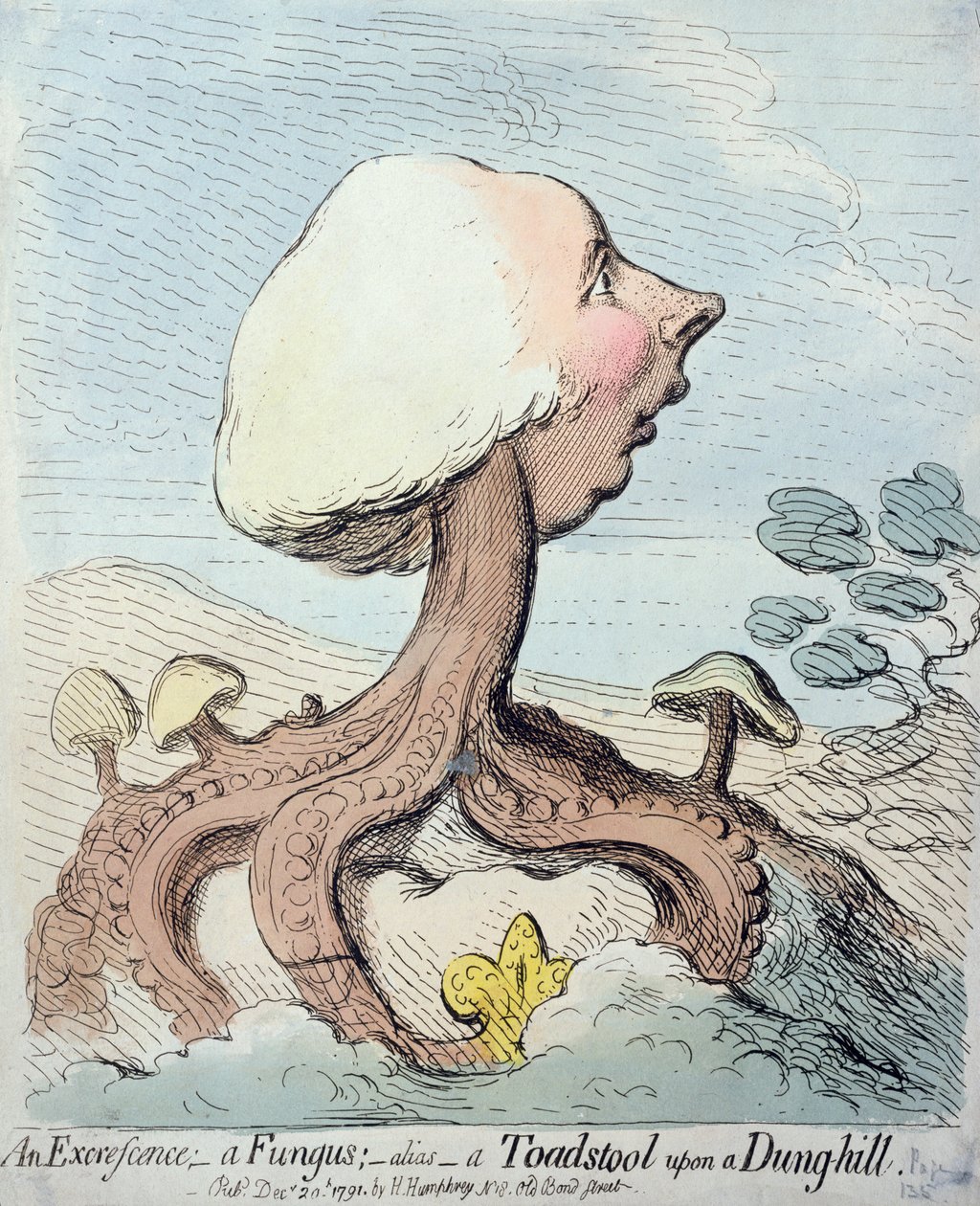 Excrescence; Sieni; Alias - Toadstool on a Dung-hill, julkaisija Hannah Humphrey vuonna 1791 (etsaus wc:llä) tekijältä James Gillray