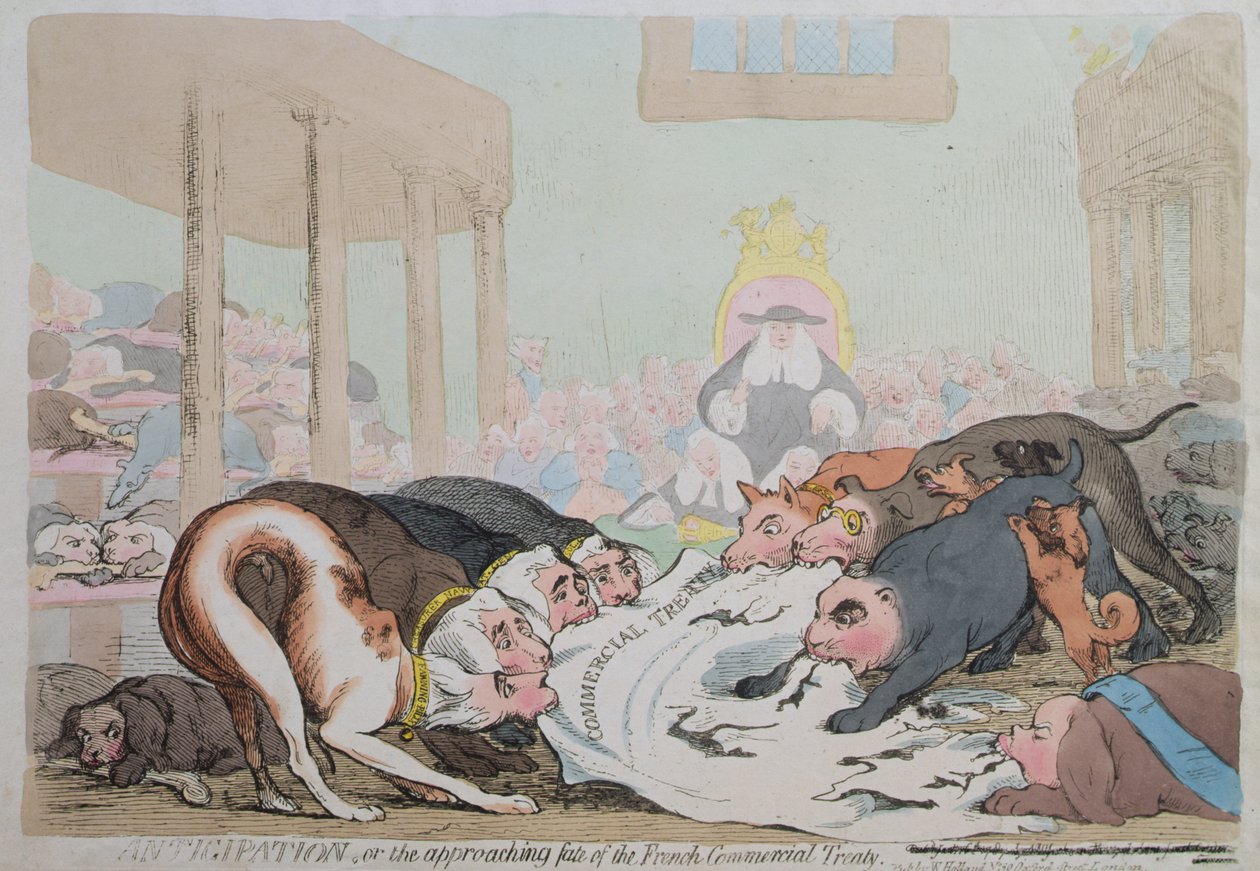 Ennakointi eli Ranskan kauppasopimuksen lähestyvä kohtalo, julkaissut W. Holland vuonna 1786 (käsinvärinen etsaus) tekijältä James Gillray
