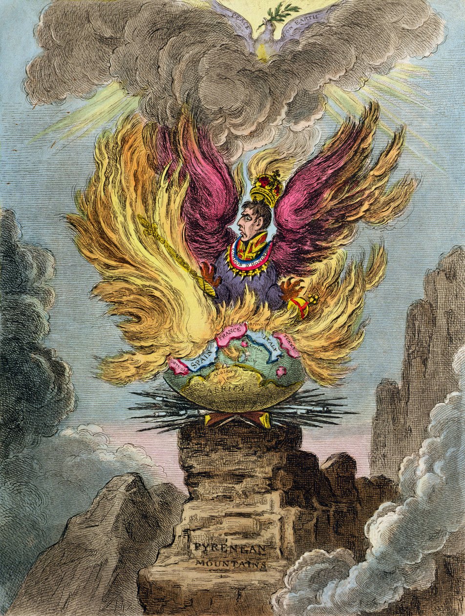 Apotheosis of the Corsican Phoenix, julkaissut Hannah Humphrey vuonna 1808 (käsinvärinen etsaus) tekijältä James Gillray