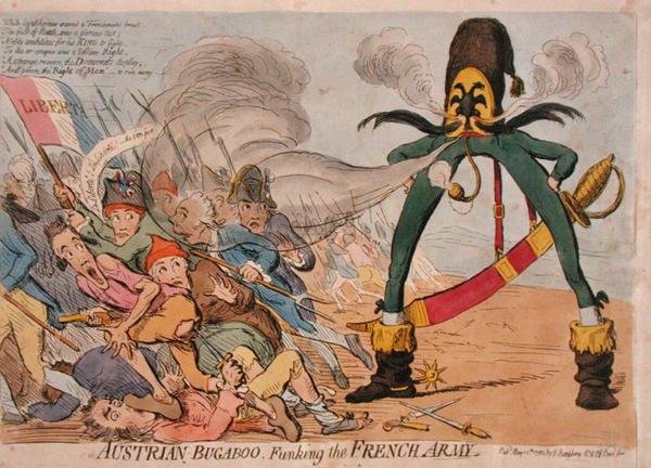 Itävaltalainen Bugaboo Funking the French Army, julkaissut Hannah Humphrey vuonna 1795 (käsinvärinen etsaus) tekijältä James Gillray