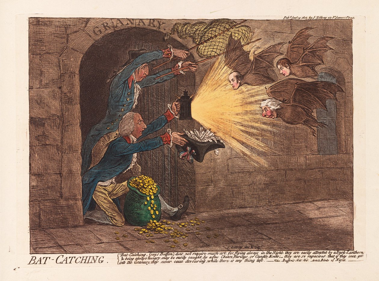 Lepakonpyynti, pubi. 1803 (käsinvärinen kaiverrus) tekijältä James Gillray