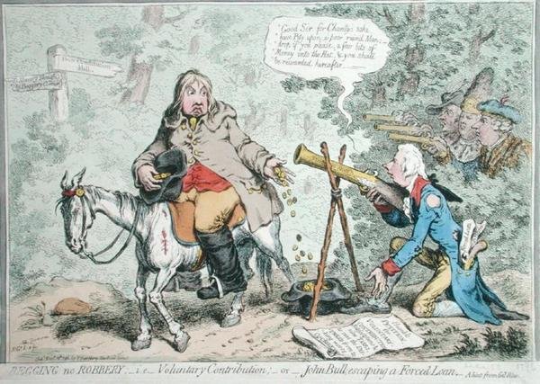 Begging no Robbery: Eli Voluntary Contribution, eli John Bull pakenee pakkolainaa, julkaisi Hannah Humphrey vuonna 1796 (käsinvärinen etsaus) tekijältä James Gillray
