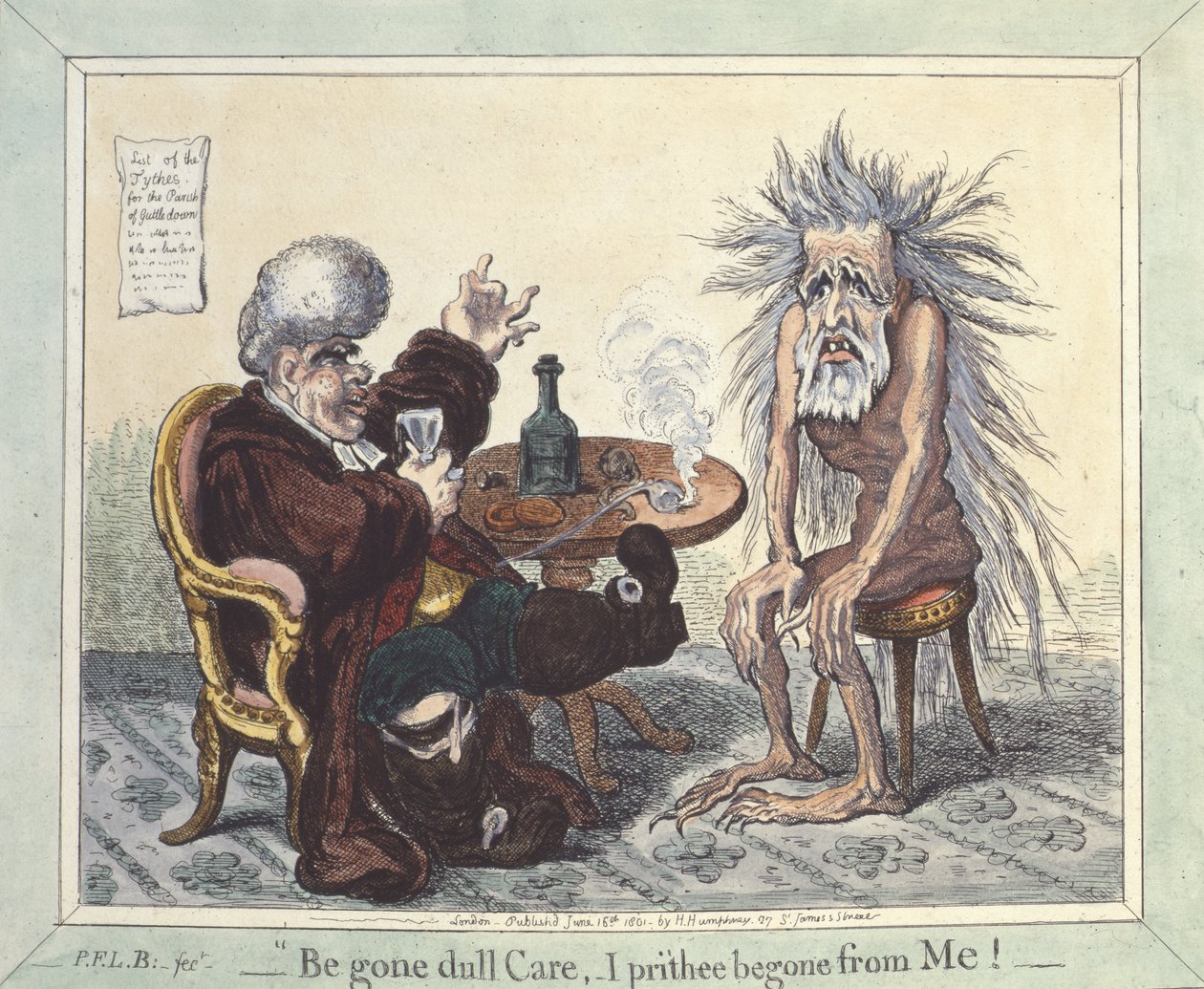 "Begone Dull Care, I Prithee Begone From Me", 1801 tekijältä James Gillray
