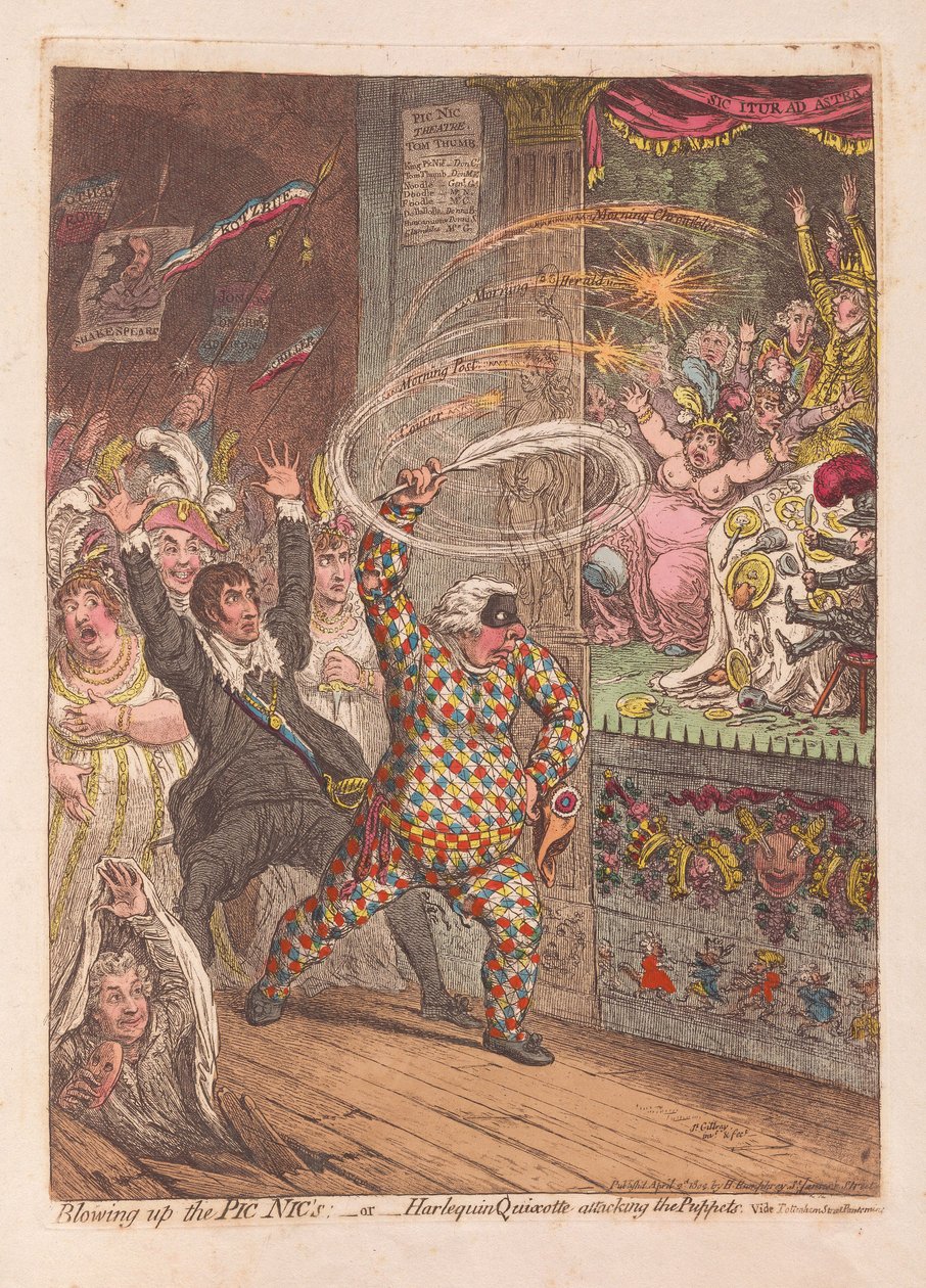 Räjäyttää Pic Nics tai Harlequin Quixotte hyökkäämässä Puppets, pubi. 1804 (käsinvärinen kaiverrus) tekijältä James Gillray