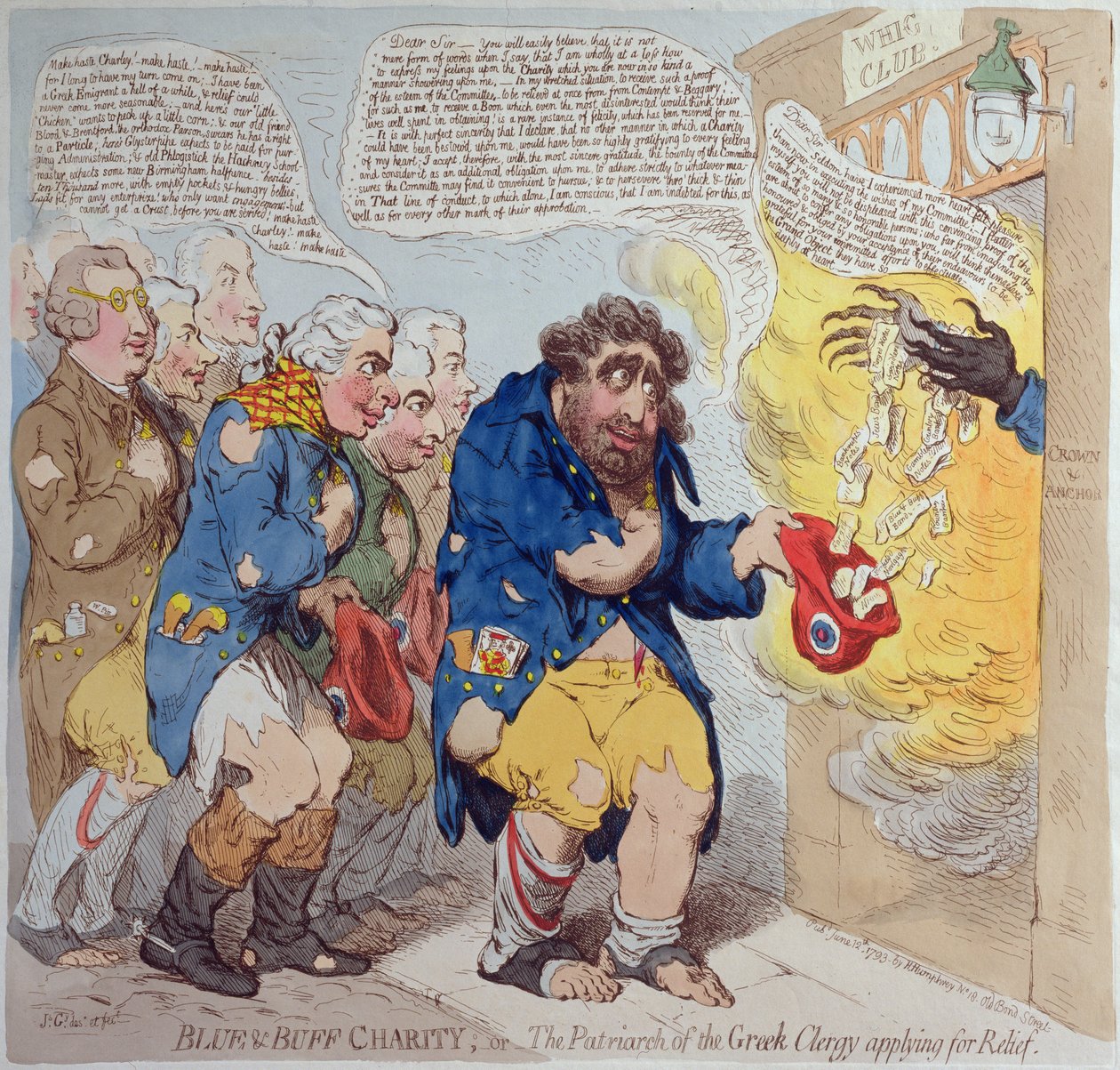 Blue und Buff Charity eli Kreikan papiston patriarkka hakemassa apua, julkaissut Hannah Humphrey vuonna 1793 (käsinvärinen etsaus) tekijältä James Gillray