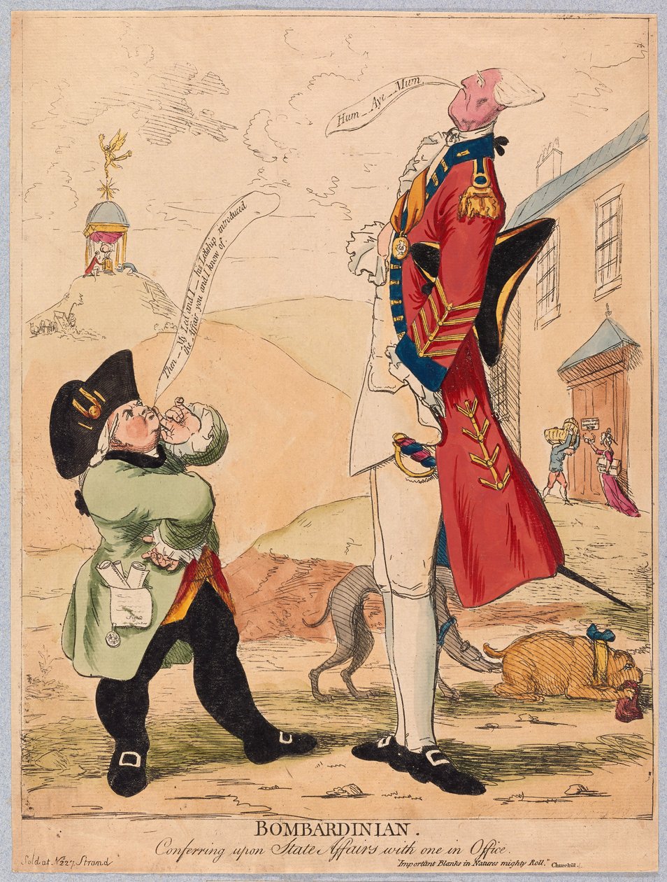Bombardinian, neuvottelee valtion asioiden kanssa toimistossa, pub. 1779 (käsinvärinen kaiverrus) tekijältä James Gillray