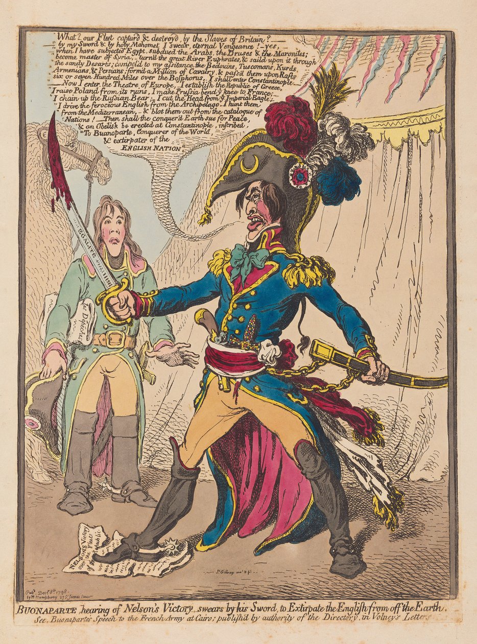 Bonaparten kuuleva Nelsons Victory vannoo miekkansa kautta hävittääkseen englantilaiset maapallolta, pubi. 1798 (käsinvärinen kaiverrus) tekijältä James Gillray