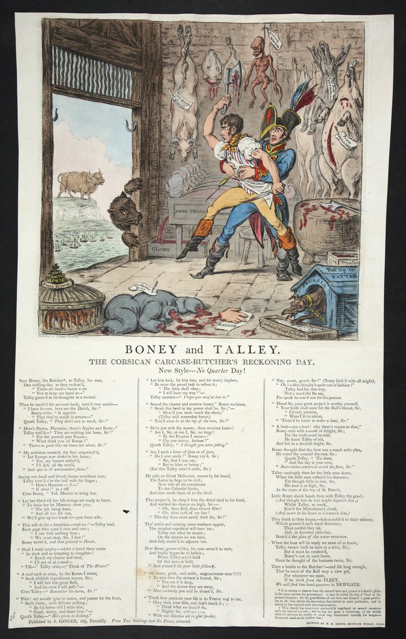 Boney ja Talley, The Corsican Case-Butchers Reckoning Day - No Quarter Day!, pb. 1803 (käsinvärinen kaiverrus) tekijältä James Gillray