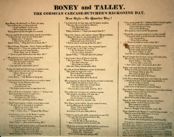 Boney and Talley, The Corsican Carcase - Butchers Reckoning Day, julkaisija Hannah Humphrey, 1803 (balladiteksti mukana numerossa 253713) tekijältä James Gillray