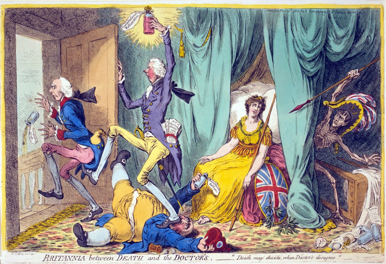 Britannia kuoleman ja lääkäreiden välissä, pub. Hannah Humphrey, 20. toukokuuta 1804 (käsin väritetty kaiverrus). tekijältä James Gillray