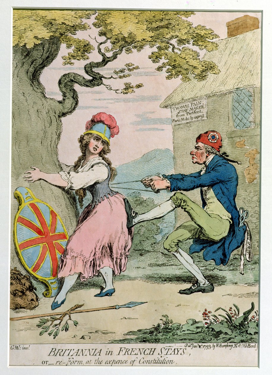 Hannah Humphreyn vuonna 1793 julkaisema Britannia ranskalaisiksi jäädäksi tai muotoiltu uudelleen perustuslain kustannuksella (käsinvärinen etsaus) tekijältä James Gillray