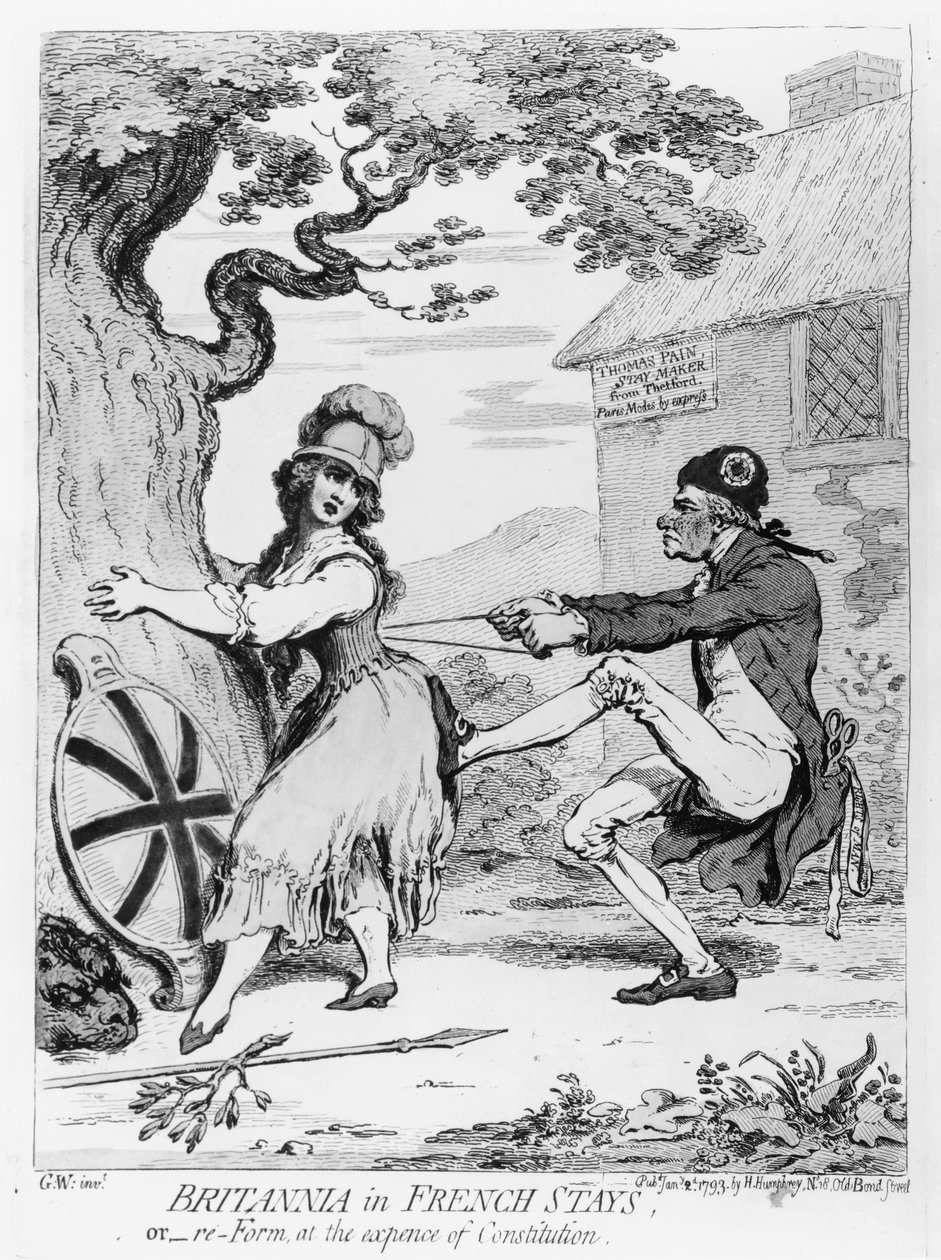 Hannah Humphreyn vuonna 1793 julkaisema Britannia ranskalaisina pysyy, eli muotoile uudelleen perustuslain kustannuksella (etsaus) tekijältä James Gillray