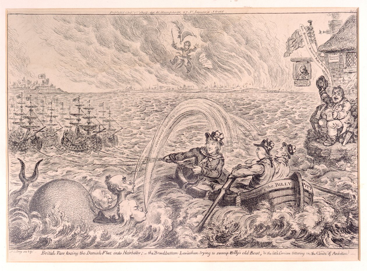 Englantilaiset hinaajat hinaamassa Tanskan laivastoa satamaan, 1807 tekijältä James Gillray