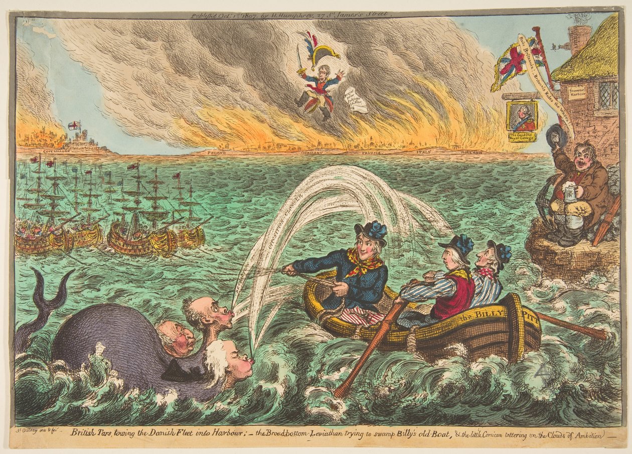 British Tars Hinaamassa Tanskan laivaston satamaan, Broad-Bottom Leviathan t..., 1. lokakuuta 1807. tekijältä James Gillray