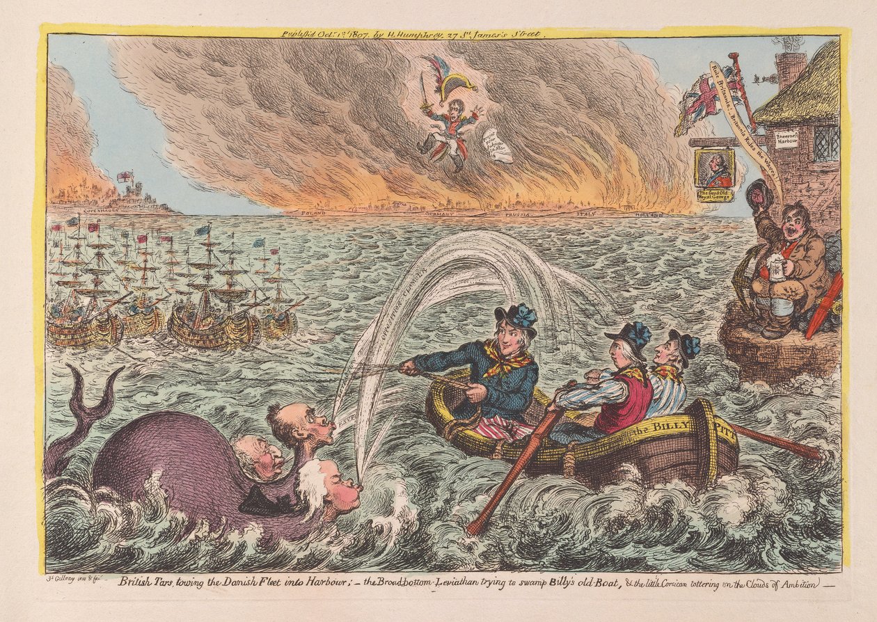 British Tars hinaamassa Tanskan laivastoa satamaan: leveäpohjainen Leviathan yrittää suistaa Billysin vanhan veneen ja pieni korsikalainen, joka horjuu Clouds of Ambitionissa, pubi. 1807 (käsinvärinen engra tekijältä James Gillray