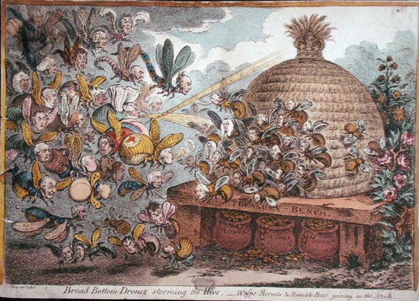 Leveäpohjaiset droonit hyökkäävät pesään, ampiaiset, hornetit ja kimalaiset liittyvät hyökkäykseen, julkaisi Hannah Humphrey vuonna 1808 (käsinvärinen etsaus) tekijältä James Gillray