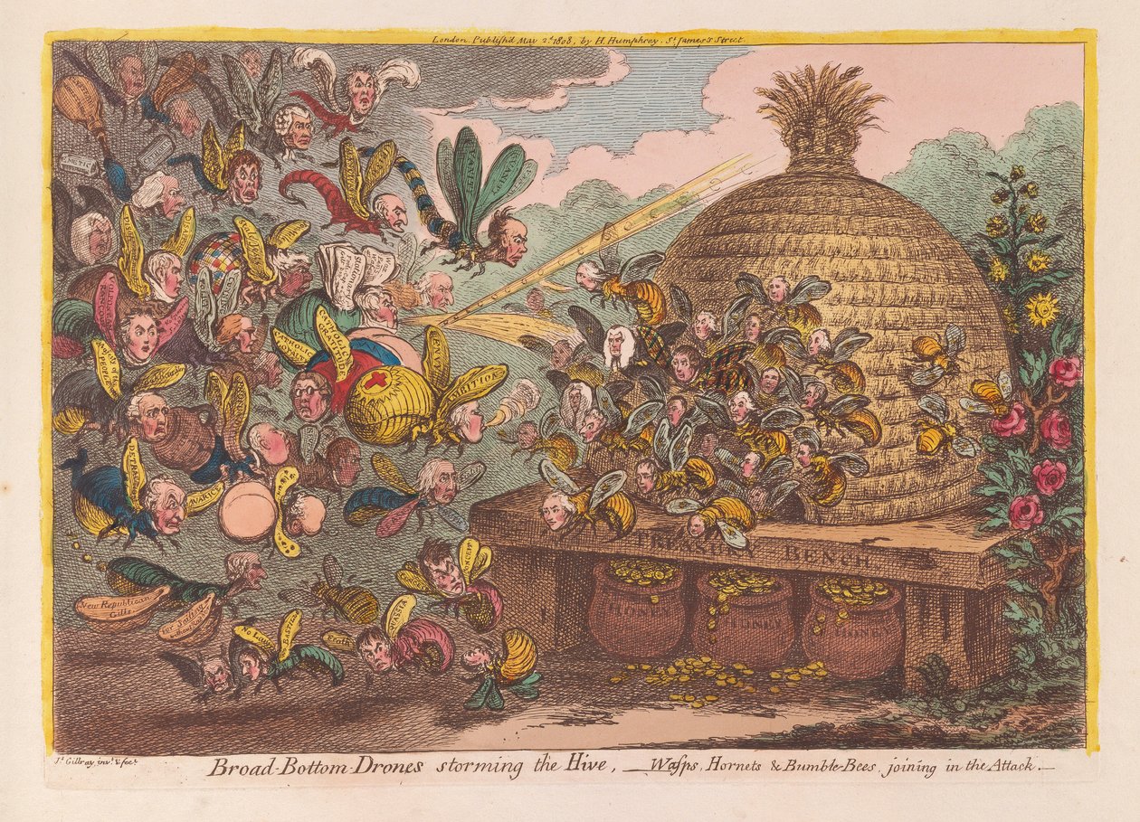 Leveäpohjaiset droonit hyökkäävät pesään: ampiaiset, hornetit ja kimalaiset liittyvät hyökkäykseen, pubi. 1808 (käsinvärinen kaiverrus) tekijältä James Gillray
