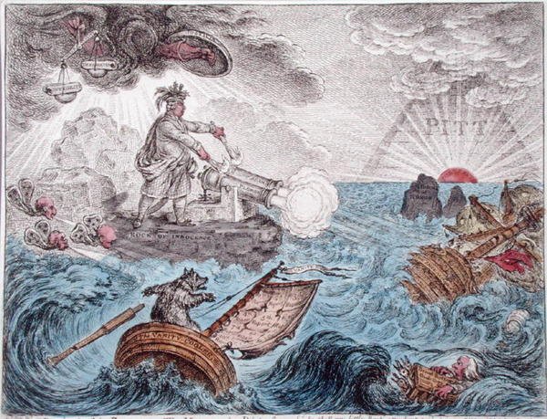 Bruin in his Boat, or The Manager in Distress, julkaissut Hannah Humphrey 1806 (käsin väritetty etsaus). tekijältä James Gillray