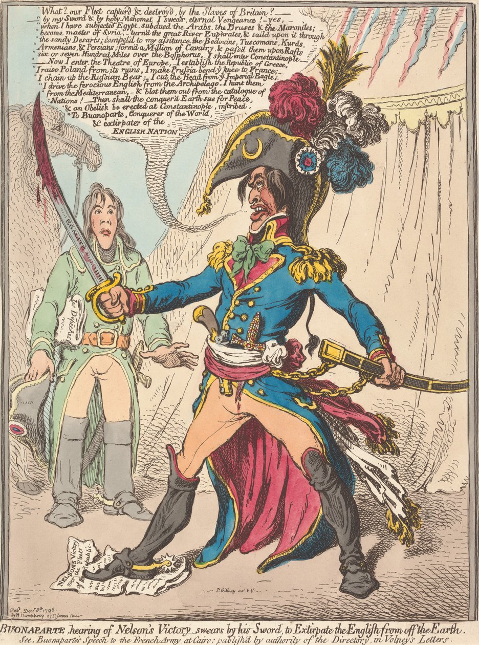Kuultuaan Nelsonin voitosta Buonaparte vannoo miekkansa kautta hävittävänsä englantilaiset maan päältä (teoksesta Caricature, osa 1) tekijältä James Gillray