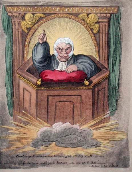 Cambridgen aloitussaarna, 2. heinäkuuta 1809 am. julkaissut Hannah Humphrey vuonna 1809 (käsinvärinen etsaus) tekijältä James Gillray