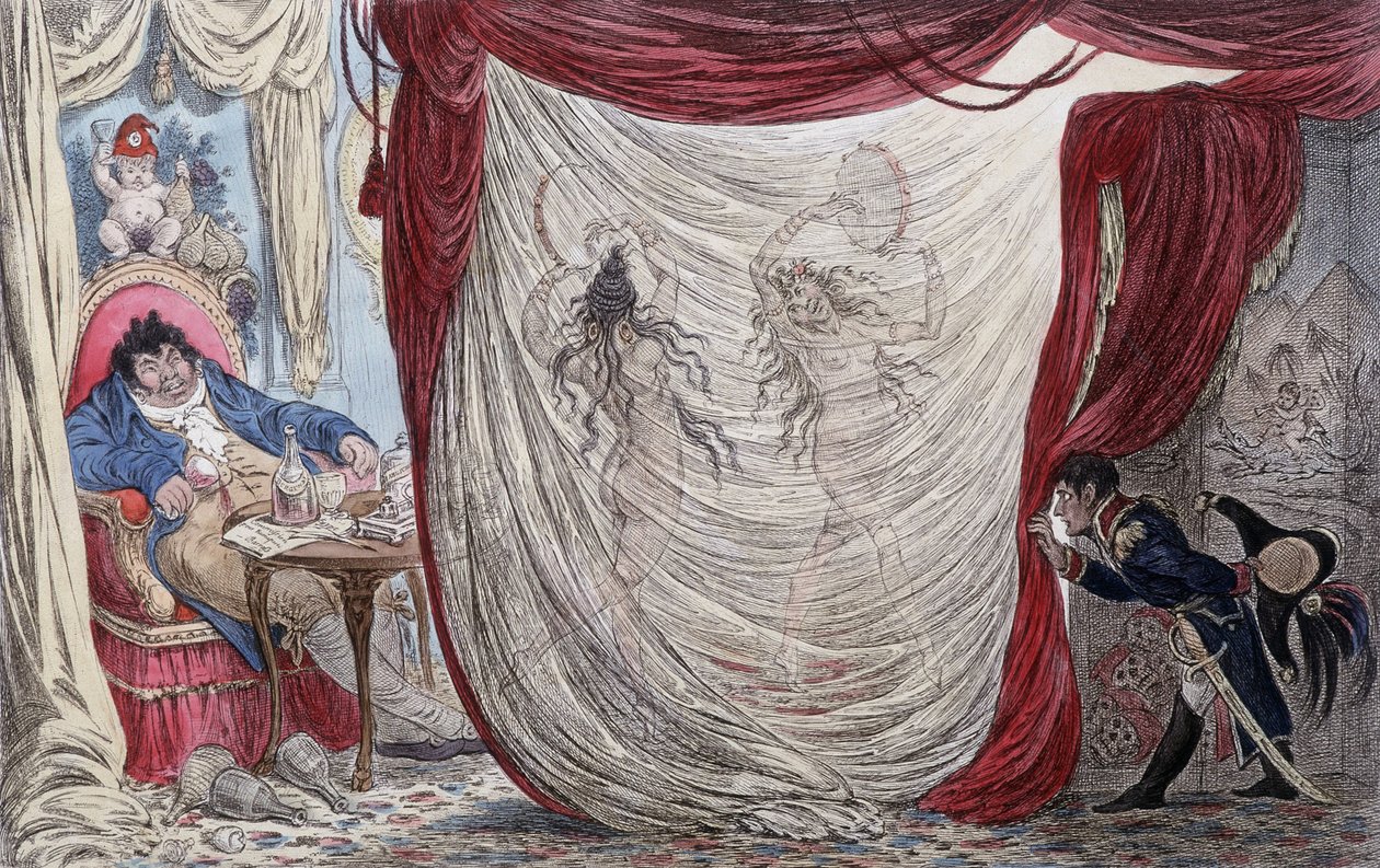 Sarjakuva Napoleonista, Paul Barrasista, Josephine ja neiti de Fontenaysta, nimeltään ausii Teresa (Theresa tai Terezia) Cabarrus, nimeltään Madame Tallien (Talien) tai nämä naiset tanssivat alasti Barrasille, Napoleonin salakavalan alla [Josephine, klo. tekijältä James Gillray