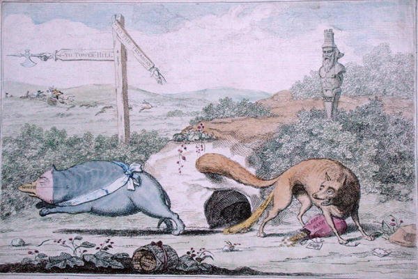 Paikkojen vaihtaminen eli Kettu haisemassa mäyrää pesästään, julkaissut William Humphrey vuonna 1782 (käsinvärinen etsaus) tekijältä James Gillray