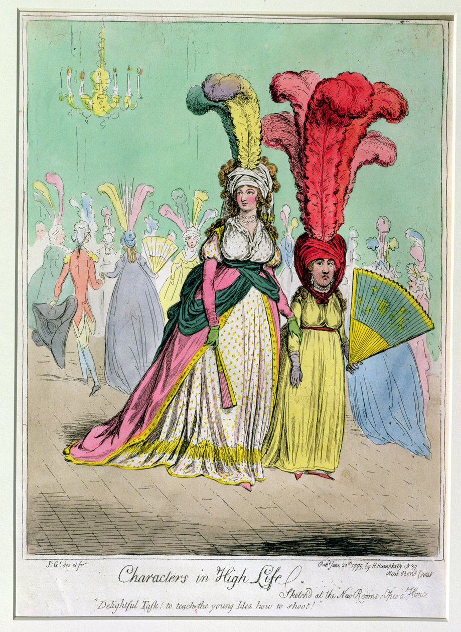 Hannah Humphreyn vuonna 1795 julkaisema Characters in High Life (käsinvärinen etsaus) tekijältä James Gillray