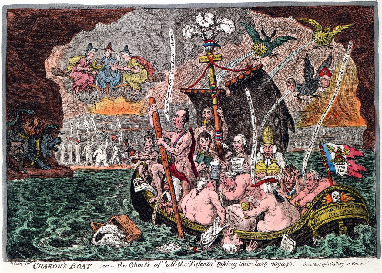 Charons Boat eli kaikkien kykyjen haamut viimeisellä matkallaan, 1807 tekijältä James Gillray