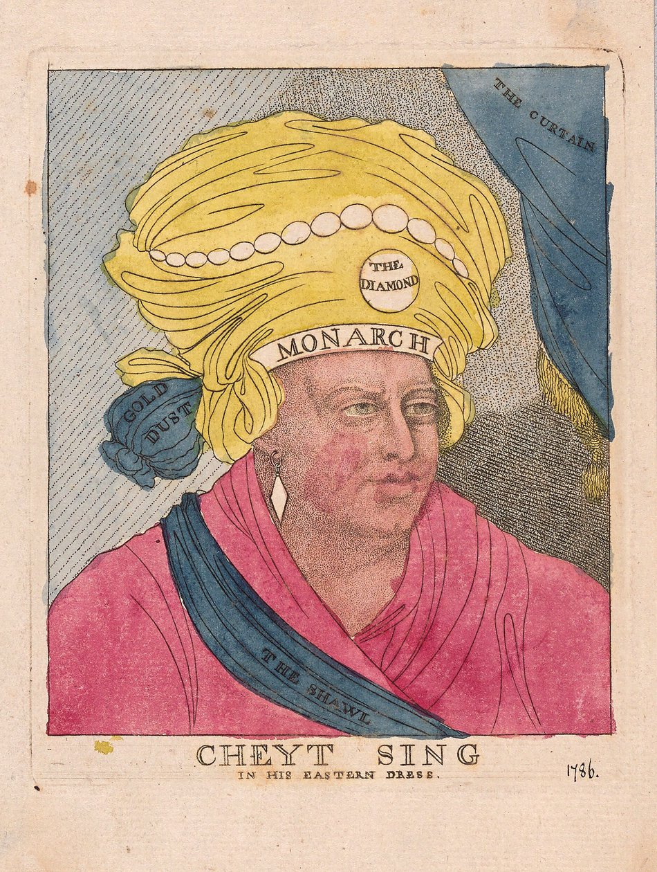 Cheyt Sing itämekossaan, pubissa. 1786 (käsinvärinen kaiverrus) tekijältä James Gillray
