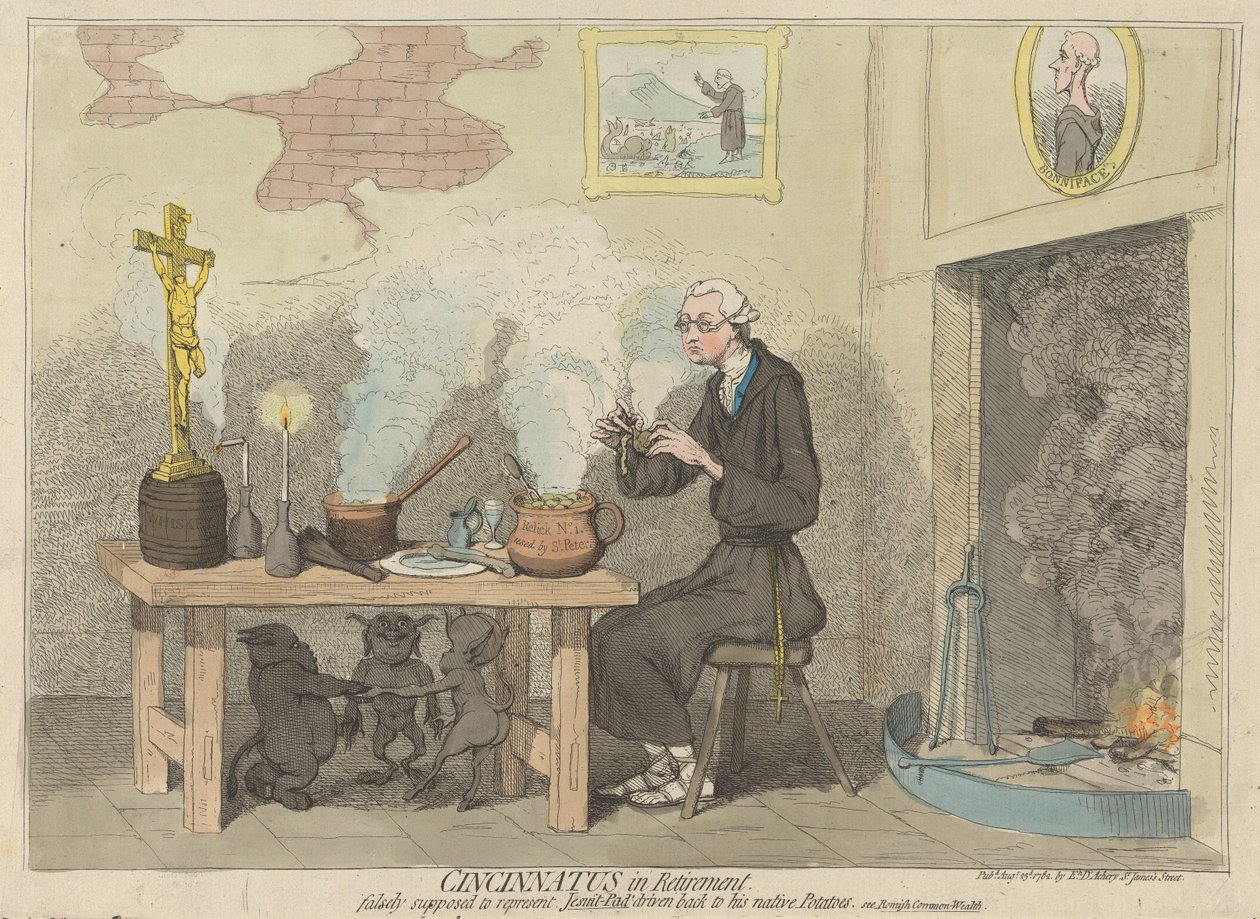 Cincinnatus eläkkeellä, virheellisesti Jesuit-Padiksi luultuna, ajettuna takaisin kotimaisten perunoidensa pariin. (teoksesta: Karikatyyri, osa 2) tekijältä James Gillray