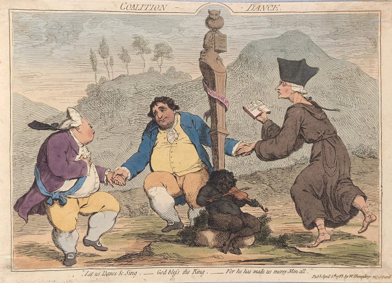 Coalition Dance, pubi. 1785 (käsinvärinen kaiverrus) tekijältä James Gillray