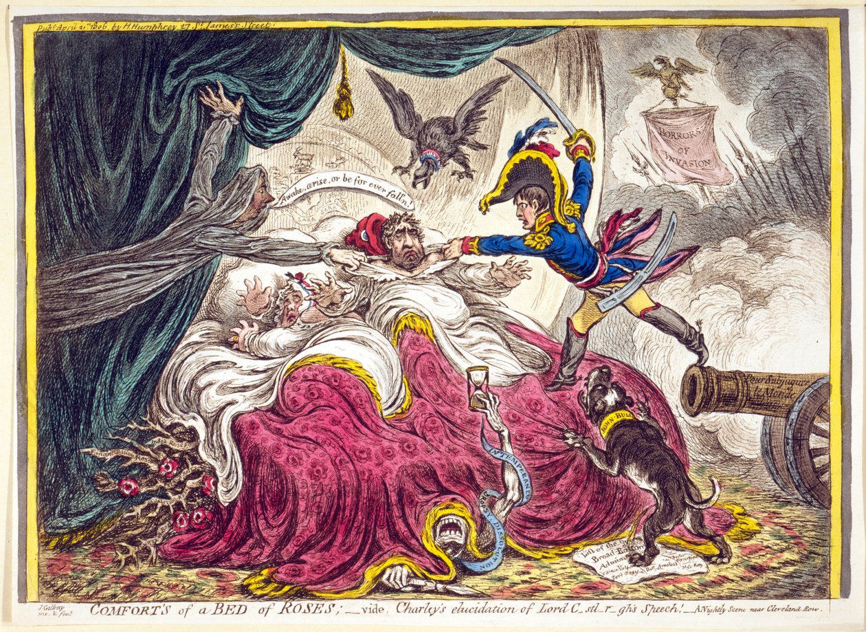 Ruusuvuoteen mukavuudet: pub. Hannah Humphrey, 21. huhtikuuta 1806 (käsin väritetty kaiverrus). tekijältä James Gillray