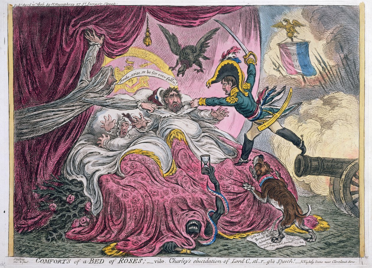 Comforts of a Bed of Roses, julkaissut Hannah Humphrey vuonna 1806 (käsinvärinen etsaus akvatintalla) tekijältä James Gillray
