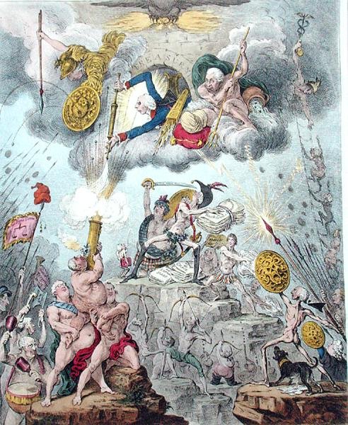 Confederated Coalition tai The Giants Storming Heaven, julkaissut Hannah Humphrey vuonna 1804 (etsaus, kaiverrus, akvatinta ja akvarelli paperille) tekijältä James Gillray