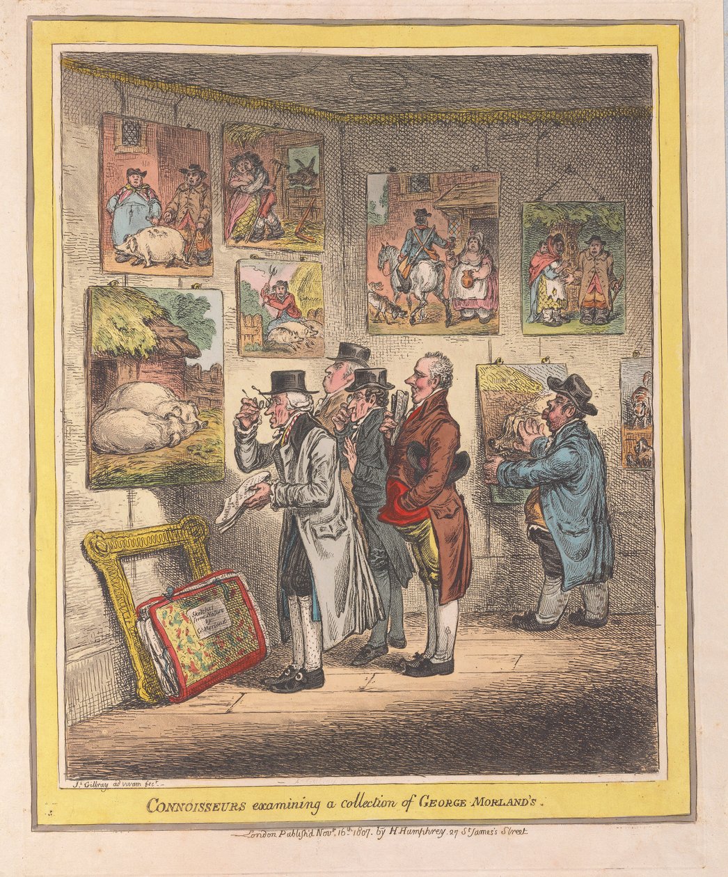 Asiantuntijat tutkivat George Morlandsin kokoelmaa, pubi. 1807 (käsinvärinen kaiverrus) tekijältä James Gillray