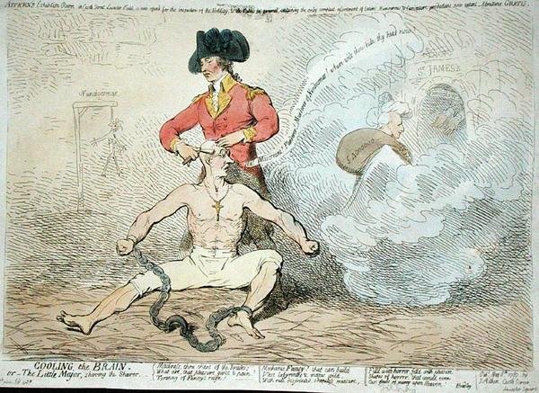 Cooling the Brain, tai The Little Mayor Shaving the Shaver, julkaissut J. Aitken vuonna 1789 (käsinvärinen etsaus) tekijältä James Gillray