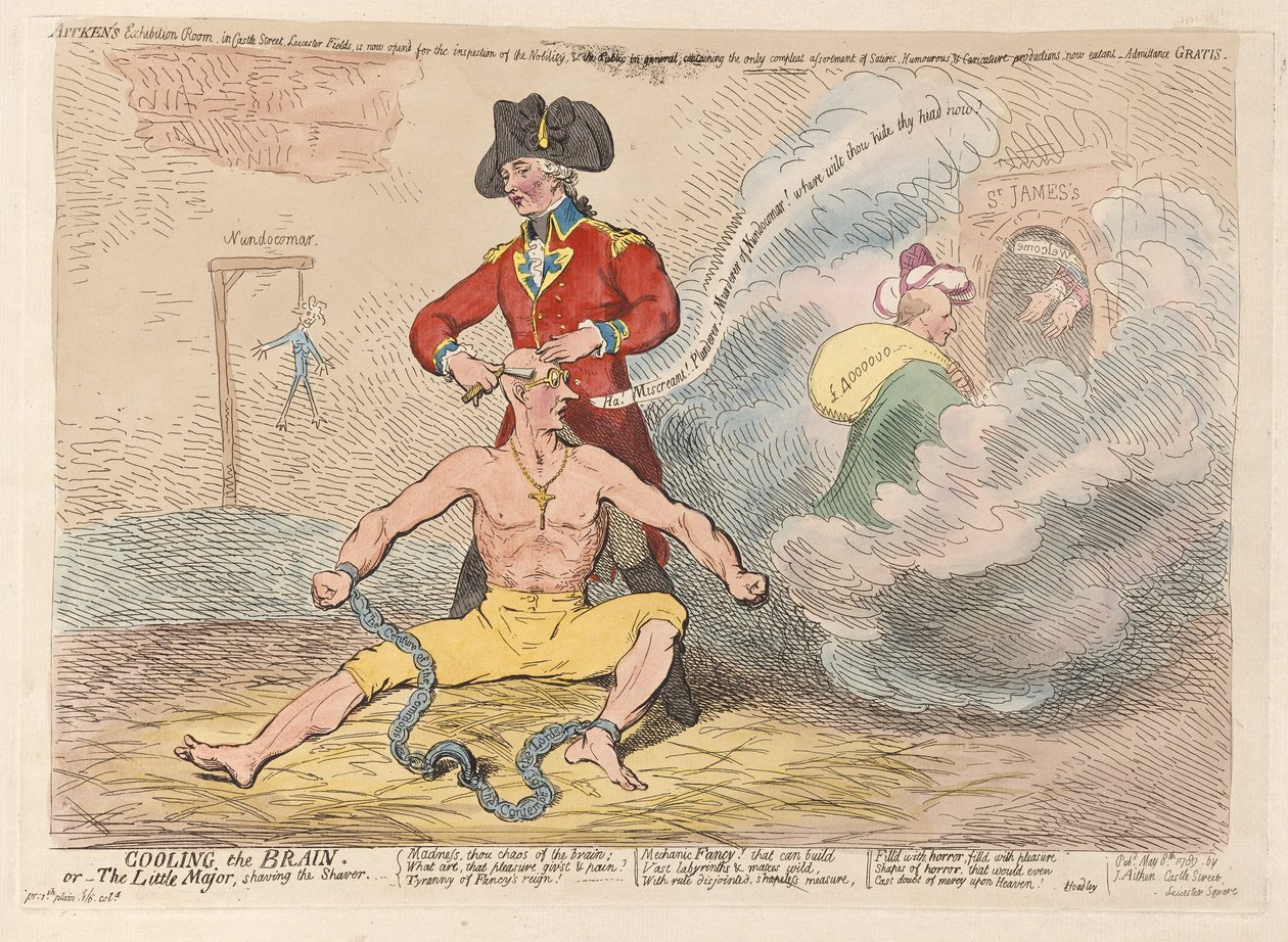 Aivojen jäähdyttäminen tai pikkumajuri, joka ajaa parranajokonetta, pub. 1789 (käsinvärinen kaiverrus) tekijältä James Gillray