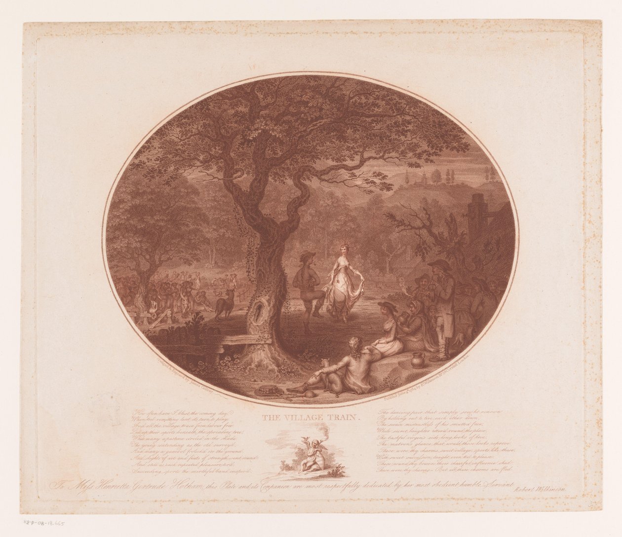 Tanssiva mies ja nainen puun alla Kyläjuna (otsikko esineessä) tekijältä James Gillray