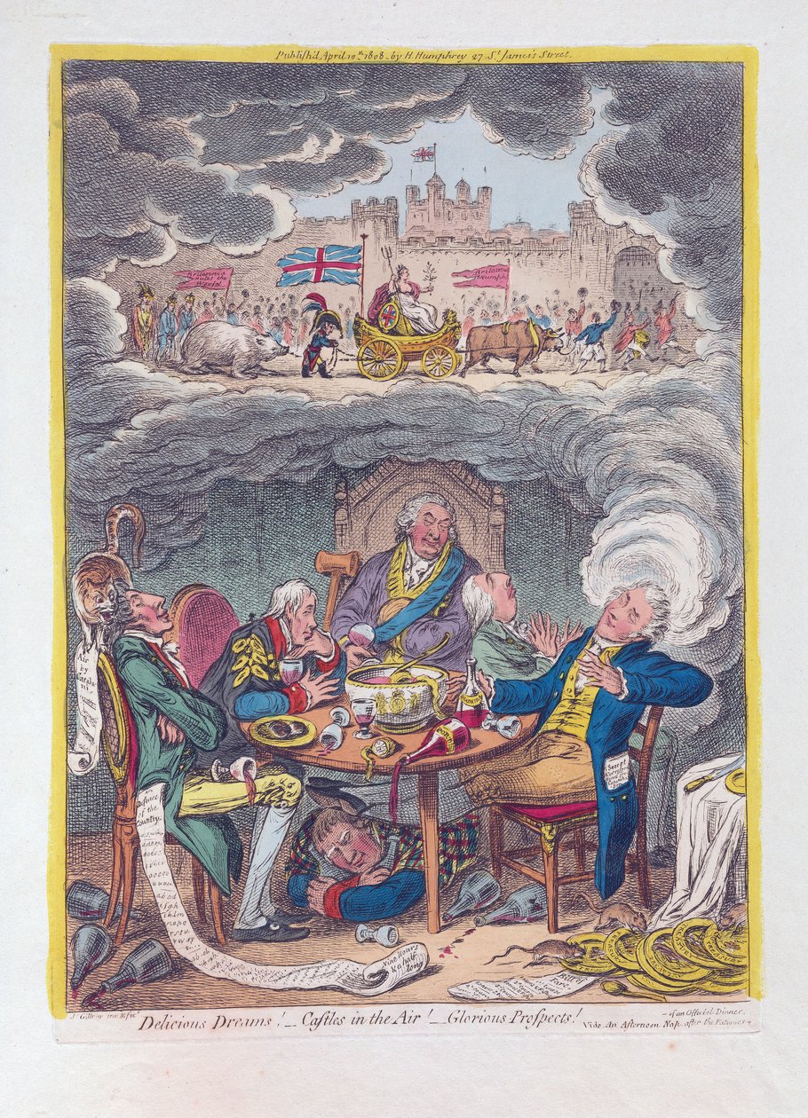 Herkullisia unia: linnoja ilmassa! - Glorious Prospects!, pubi. 1808 (käsinvärinen kaiverrus) tekijältä James Gillray