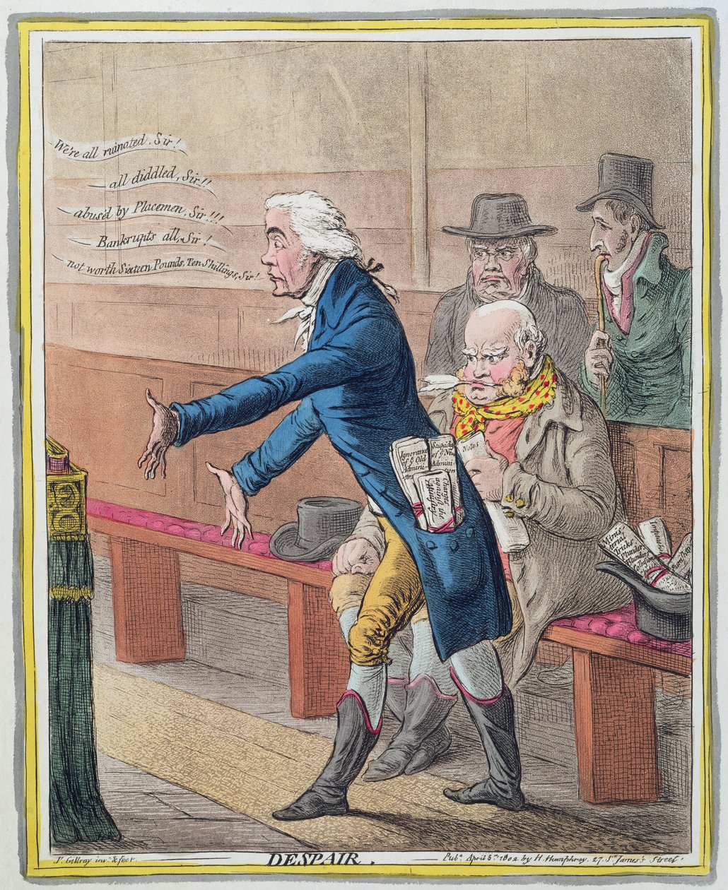 Epätoivo, Hannah Humphreyn vuonna 1802 julkaisema (käsinvärinen etsaus) (katso 191204) tekijältä James Gillray